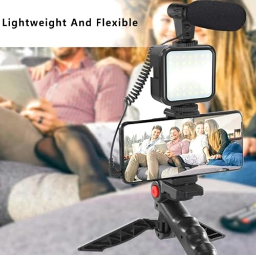Image of Vlogging Studio kits, Mobile Phone Holder + Hand Grip /Mini Tripod Compatible with Smartphones for TikTok, Youtube, Live Streaming, Vlogging inchLike Me inch LED Video Light + Microphone