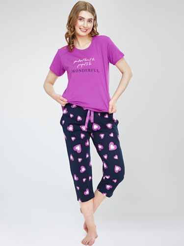 Image of ZEYO Night Suit for Women's Heart Printed Cotton Night Dress of Top and Capri Set 5745