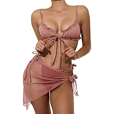 Siyova Women's Swimwear 3 Piece Sexy Bikini Set Solid Color with Flounces + Lace Up Panties + Transparent Mesh Cover Dress Summer Beach Holiday Dress, pink, XL Cover
