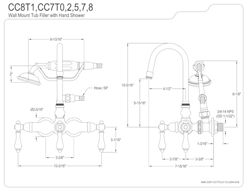 Kingston Brass CC8T1 Grifería Vintage para Bañera con Ducha Manual, Acabado Cromo Pulido, Centro de 3-3/8 Pulgadas miniatura 3