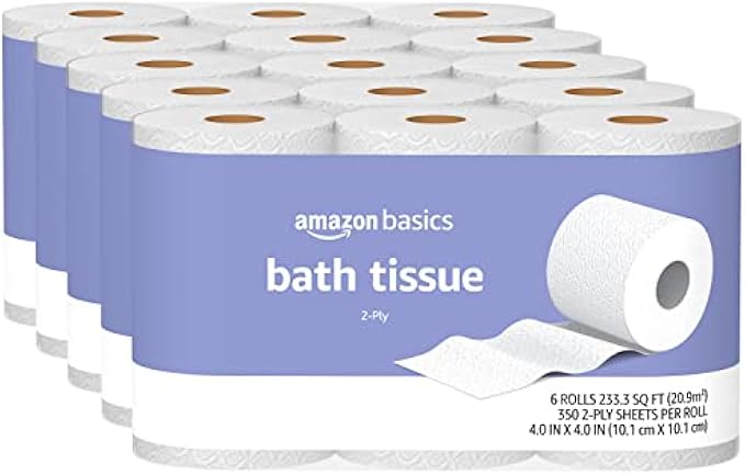 Amazon Basics 2-Ply Toilet Paper, 6 Rolls (Pack of 5), 30 Rolls total (Previously Solimo)