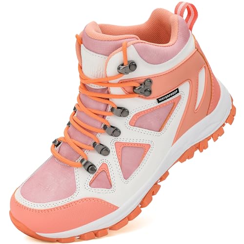 R CORD Girls Hiking Boots Kids Hiking Boots Outdoor Walking Tennis Boots Waterproof Non Slip Fashion Sneakers Peach 12 Little kid