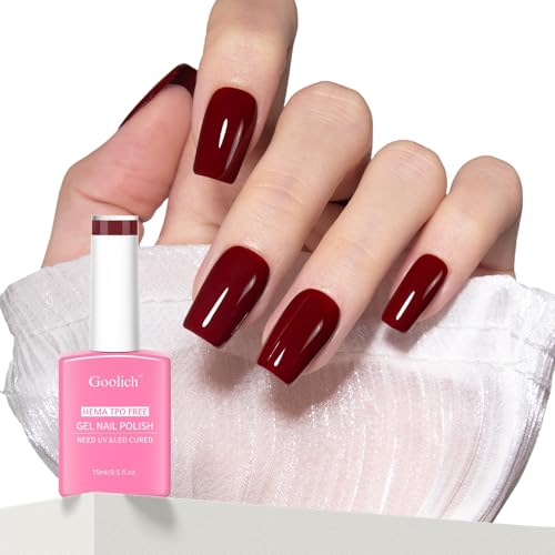 Goolich Esmalte de Gel Rojo, 15ML Libre de HEMA y TPO, Esmalte de Gel Rojo Oscuro para Uñas que se Quita con Remojo, Diseño de Arte de Uñas para Otoño e Invierno con Luz UV LED
