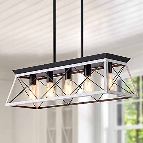 Farmhouse Chandelier Island Lighting Fixtures 5-Light Dinning Room Lighting Fixtures Kitchen Lighting Distressed White Wood Finish Pendant Light for Dinning Room Living Room Kitchen
