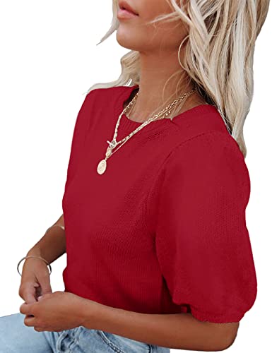 Image of Womens Short Sleeve Sweaters Crewneck Knit Pullover Tops 2025 Summer Casual Lightweight Crochet Blouse Shirt