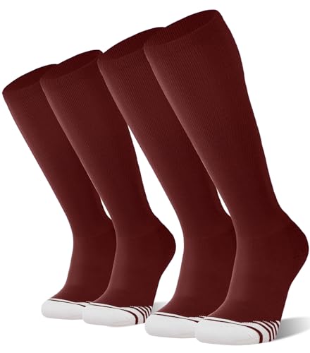 FITRELL 2 Pack Baseball Soccer Softball Socks for Kids Youth Men & Women Over-the-Calf Knee High Socks nfl Maroon/Brown Medium