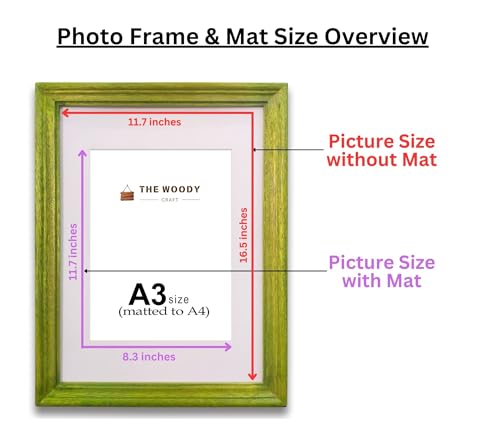 Image of A4 Size Wooden Photo Frame with Mat, Green Photo Frame for Wall Decoration, Home Decor for Wall Hanging, Best Wooden Photo Frame for Posters and Photos (A3 Size Matted to A4 Size)
