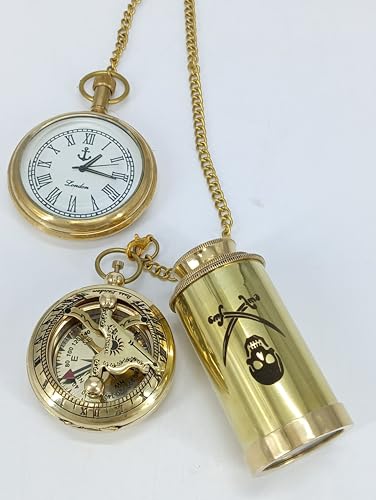 Zantiqe-Brass-Antique-Pocket-Watch-Compass-and-Telescope-Set-of-3