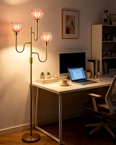 Image of 3-Light Red Tulip Glass Floor Lamp, Dimmable Standing Floor Lamp with 3 Bulbs Included, 3000K Warm White Gold Tall Floor Lamp for Living Room Bedroom Sofa Corner, Modern Romantic Reading Floor Lamp