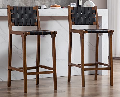 Butacos de bar Kmax de 28 pulgadas, estilo granja, con asiento de cuero sintético trenzado y patas de madera, con reposapiés, para isla de cocina — juego de 2, color negro miniatura 1