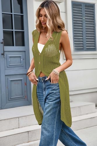 Image of Cakulo Women's Sleeveless Crochet Cardigan Boho Long Vest | Hollow-out, Swim Cover Up, Loose Fit, Open Knit, Lightweight Dusters, Summer Cardigans, Beach Vacation Casual Outfits
