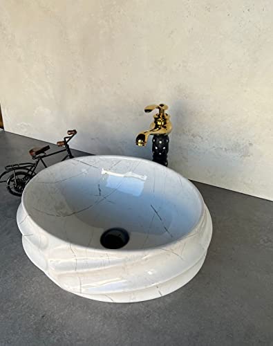 Image of Designer Glossy Finish Ceramic Art Table Top Wash Basin For Bathroom | Collapsible Countertop Washbasin (Black White Glossy Art, 16 x 13 x 6 Inch)