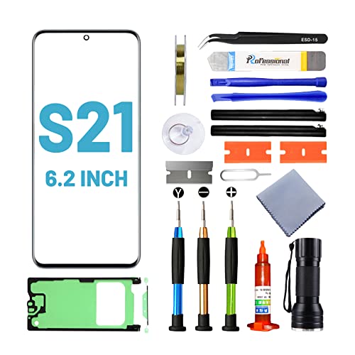Tpyag Para pantalla Samsung Galaxy S21, pantalla de cristal frontal para Samsung Galaxy S21 de 6,2 pulgadas, kit de reparación de pantalla con adhesivo impermeable (no LCD ni digitalizador táctil)