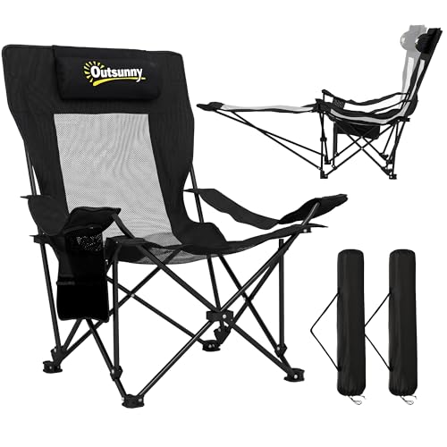 Outsunny Juego de 2 sillas de camping reclinables plegables, sillas de campamento portátiles con respaldo ajustable, reposapiés, bolsillo de almacenamiento, portavasos y reposacabezas, para camping