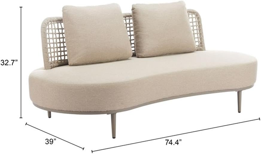 Pemberly Row Modern Aluminum Outdoor Sofa, Beige Finish, Powder-Coated Frame, Removable Olefin Cushion Cover, Weather-Resistant Patio or Garden Seating for 2, Durable Design