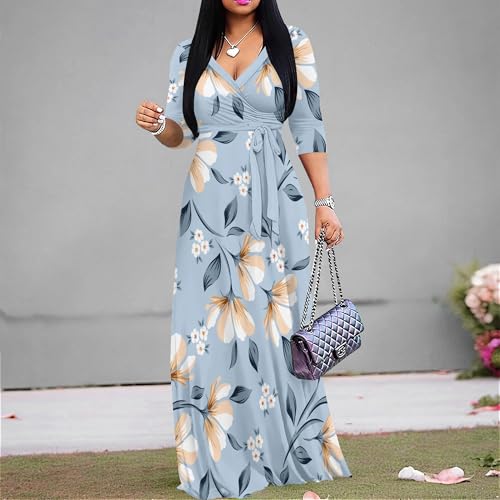 Image of Women's V Neck Floral Maxi Dress 3 /4 Sleeve Plus Size Boho Wrap Flowy Long Dresses with Belt