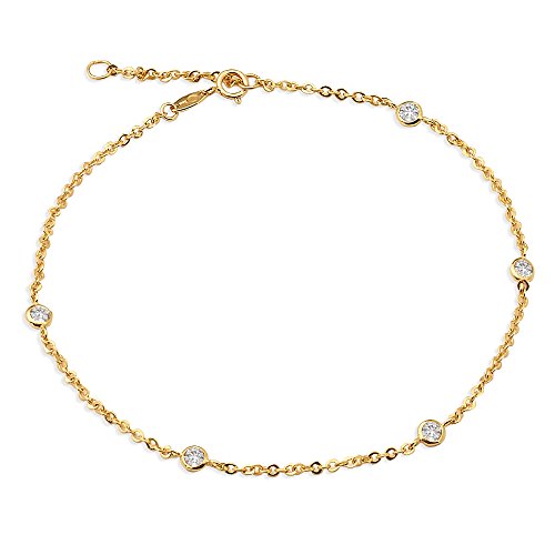Lovebling 10K Yellow Gold 1.8Mm Diamond Cut Rolo Chain With 5 Cz Stone Pendants Anklet Adjustable 9" To 10" (#19) #TOP17