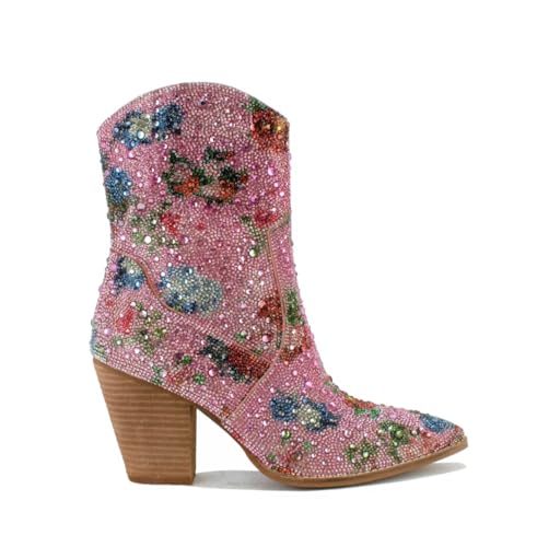 Women's Floral Rhinestone Cowboy Boots Pointed Toe Block Heel Boots