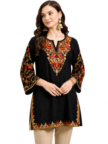 Image of HAUTEMODA Women Cotton Floral Embroidered Short Kurti, Tunic, Three-Fourth Sleeves, White