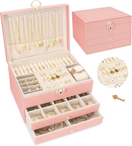 Image of Vlando 3 Layer Jewellery Organiser Box, Large PU Leather Jewelry Storage Case With Drawers, Earrings, Rings, Necklaces Holder | Luxury Jewellery Box For Women & Girls Gift (Pink)