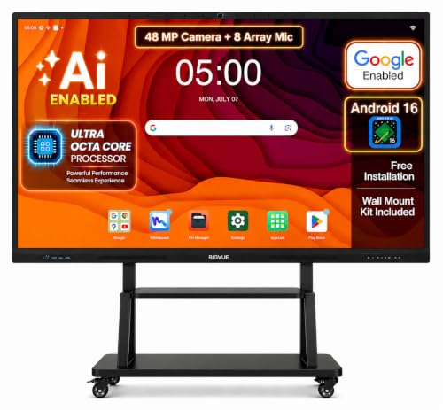 Image of BIG VUE Pro 75 inch Android 16 Interactive Television + Stand, 4K UHD Google EDLA + AI Enabled Flat Panel Digital Board, Ultra Octa-Core Processor, 48MP Camera, 8 /128 GB for Teaching & Office Use