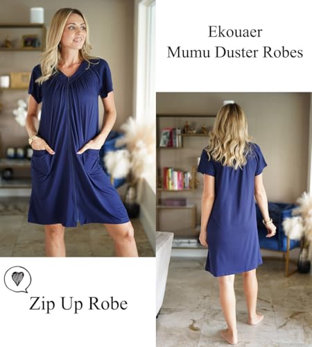 Image of Ekouaer Women Robe Zipper Front Mumu Duster Robes Zip Up Housecoat Soft Sleepwear with Pockets
