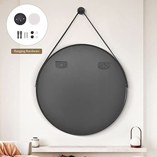 Xramfy 16" Black Round Hanging Mirror With Leather Strap For Wall Circle Mirror With Wall Mounted For Entryway Washroom Makeup Vanity Dressing Living Room Bedroom #TOP5