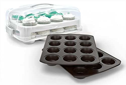 Top Shelf Elements Cupcake Carrier With Two Muffin Pan/Cupcake Pan Stylish Cupcake Carrier With Handle Carrier Holds 24 Cupcakes Muffin Tin Makes 12 Cupcakes Each Non Stick Cupcake Tray For Baking #TOP7