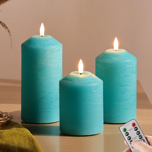 Eywamage Turquoise Blue Flameless Pillar Candles with Remote Set of 3