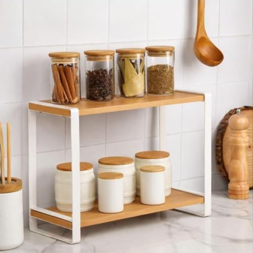 Image of 2 Tier Wooden & Metal Spice jar Masala Rack Organizer | Countertop Storage Stand for Kitchen, Bathroom & Cosmetics | Space-Saving Multi-Purpose Rack (White & Beech)