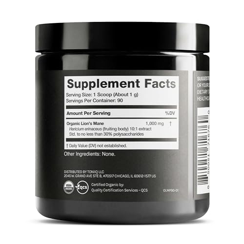 Image of Toniiq Lion's Mane Powder - Ultra High Potency 10:1 Extract with 30% Polysaccharides - Highly Concentrated - Third-Party Lab Tested - 90g