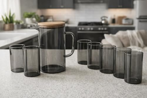 Image of bellemax 1.8 Litre Water Jug with Wooden Lid & 6 Black Juice Glasses Set | Premium Glass Water Jug Set for Home Kitchen | Juice, Water, Cold Drink Serving Set | Stylish Beverage Pitcher Set of 7