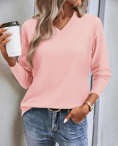 Image of Women's Spring Sweaters 2026 Casual Long Sleeve Pullover V Neck Lightweight Sweatshirts Cute Blouse Tops