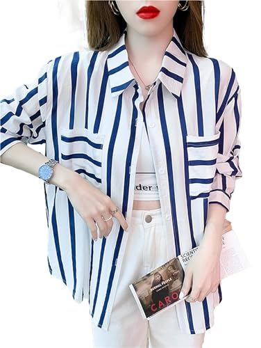 Image of ROYALICA Women's Orange & White Striped Cotton Blend Oversized Casual Shirt