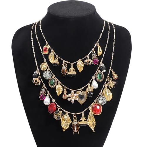 Vintage 3-Layered Pendant Charm Necklace for Women, Bohemian Ethnic Triple Layer Stackable Chain Necklace, Unique Statement Jewelry for Party Gift3