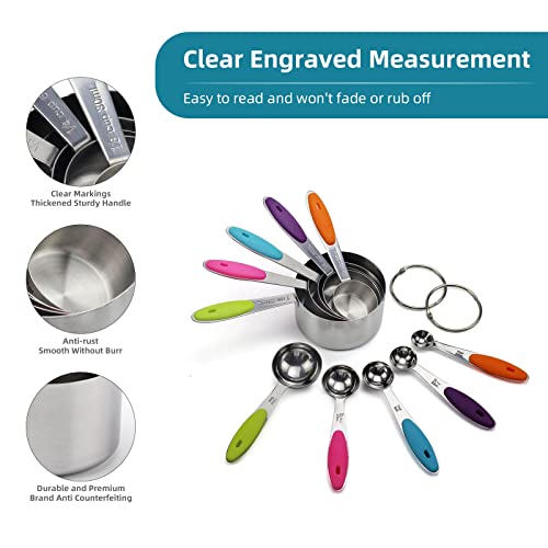 Measuring Cups And Spoons Set, Measuring Spoons Set In 18/8 Stainless Steel, Includes 5 Cups, 5 Spoons And 2 Hooks, Measuring Cup Set With Colourful Silicone Handle For Cooking & Baking #TOP2