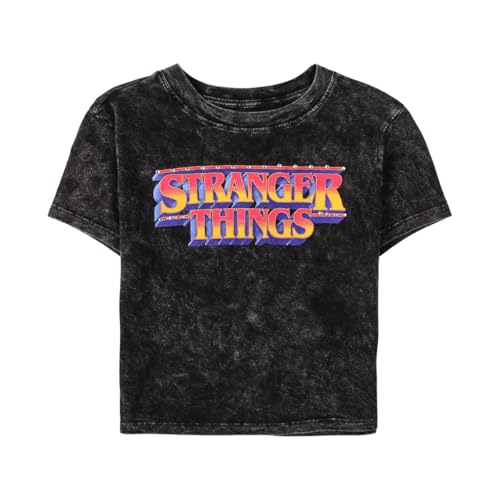 Stranger Things Logo Womens Black Mineral Wash Crew Neck Short Sleeve Cropped Baby Tee-XXL