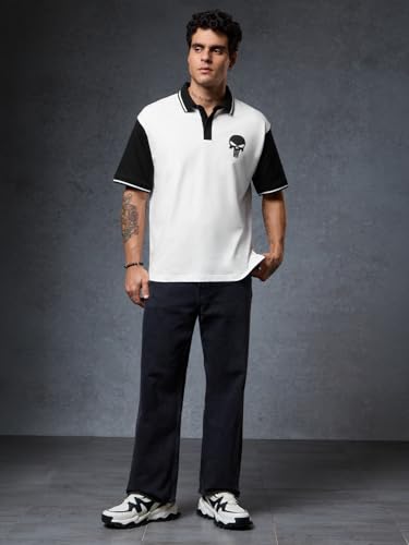 Image of The Souled Store| Official Punisher: Logo Mens and Boys Polos|Half Sleeve|Regular fit Graphic Printed| 100% Cotton White & Black Color Oversized Polos