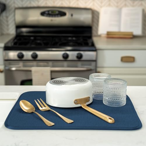 Image of S&T INC. Dish Drying Mat, 16 inch x 18 inch, Absorbent Microfiber Kitchen Counter Mat, Dish Drying Pad for Dishes, Utensils, Pots and Pans, Large, Navy