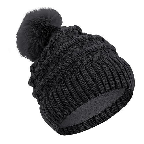WLLHYF Bobble Hat Women Winter Beanie Hats for Women Soft Fleece Lined Hat with Faux Fur Pom Ladies Cold Weather Knitted Cap Black