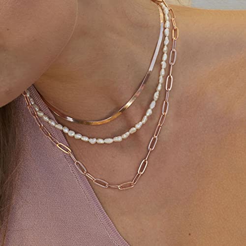 Focalook Rose Gold Plated Flat Snake Chain Necklace Herringbone Necklace Pink Choker Necklaces For Women 3Mm(W) 12.5+3.5"(L) #TOP2