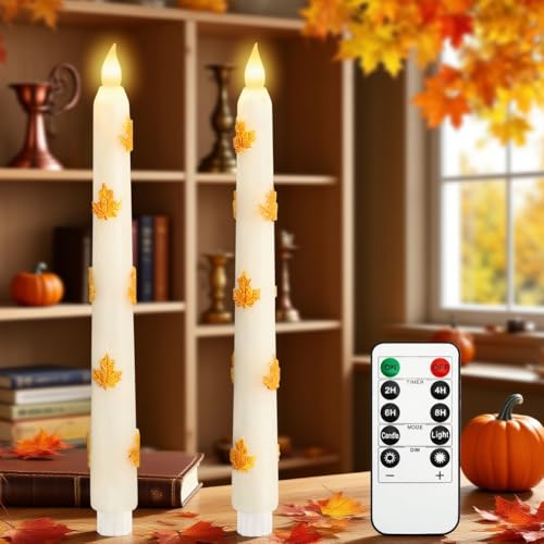 Image of Fall Decor LED Taper Candles with Remote Control & Timer Function, Embossed Autumn Maple Leaf Design Flameless Taper Candles for Home Party Autumn Decorations, Set of 2