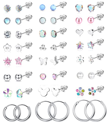Jstyle 24 Pairs Hypoallergenic Screw Back Earrings for Girls Women Surgical Steel Tiny Heart Flower Flat Back Stud Earrings Cute Hoop Earrings Jewelry Set