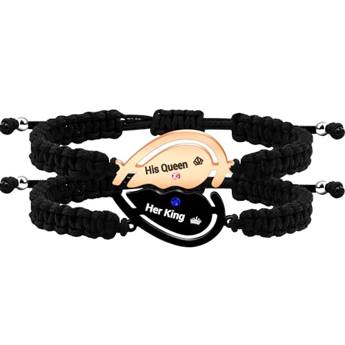 Image of 2pcs Black /Rose Gold Custom Carved Heart-shaped Puzzle Bracelets, Hand Woven Stainless Steel with Zirconia Jewelry for Men and Women, Fashion Couples Promise Bracelets