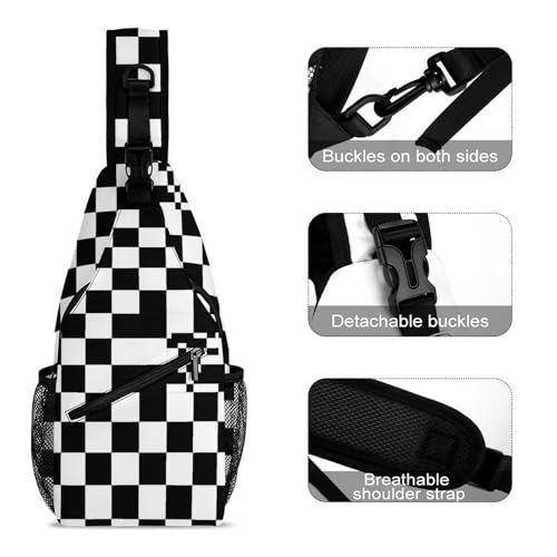Men's Packable Sling Bag Backpack, Lightweight Chest Shoulder Backpack for Fitness Gym, Black And White Race Checkered Daypack Bags3