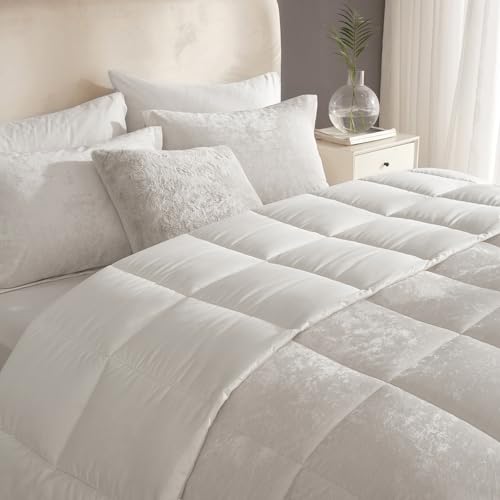 HYPREST Velvet Comforter King,3 Pcs Luxury Elegant Velvet Duvet,Ultra Soft White Bedding Comforter Sets