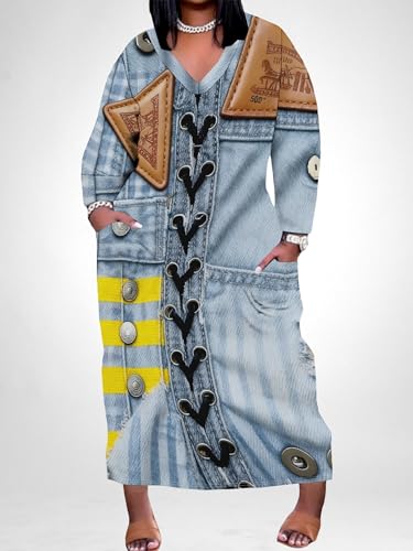 Image of SUZONANA Plus Size Denim Print Maxi Dresses for Women Casual V Neck Short Sleeve with Pockets Soft Jean Look Dress XL-6XL