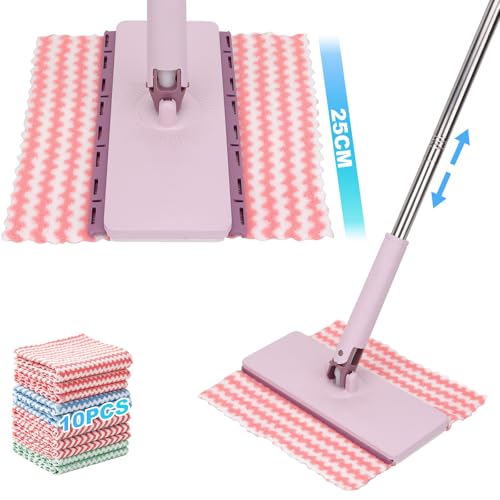 Sgizoku Balai à poussière jetable à clipser, grande tête rotative de 25 cm, balai à franges à clipser, balai plat zéro contact, manche de 125 cm de long, 10 chiffons lavables
