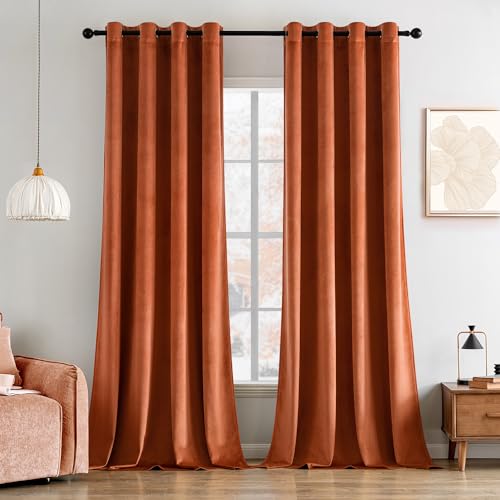 MIULEE Cortinas Terciopelo Rojo Anaranjado Salon Modernas 2 Piezas, Cortinas de Terciopelo Suave Semiopacas con Ojales, Cortina Termicas Aislantes Frio Anti Luz Invierno Ventana Cortina Dormitorio