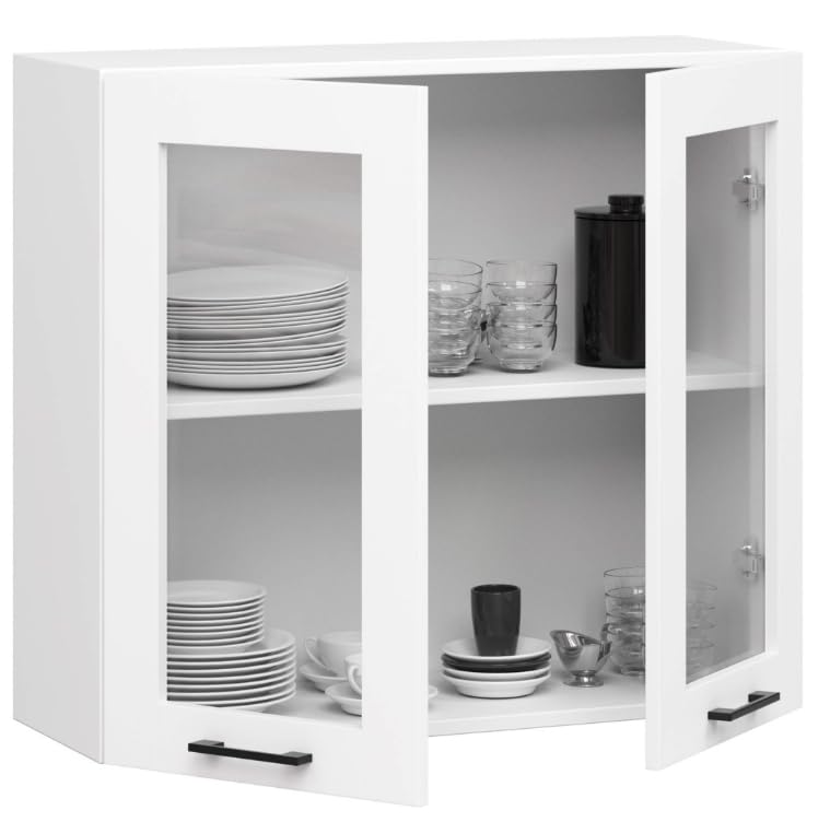 BDW - Armoire de Cuisine Suspendue Vitrée Oliwia W Blanche 80x30,5x72cm – Meuble Haut de Cusine Vitree – Placard Mural – Rangement – Vaiselle